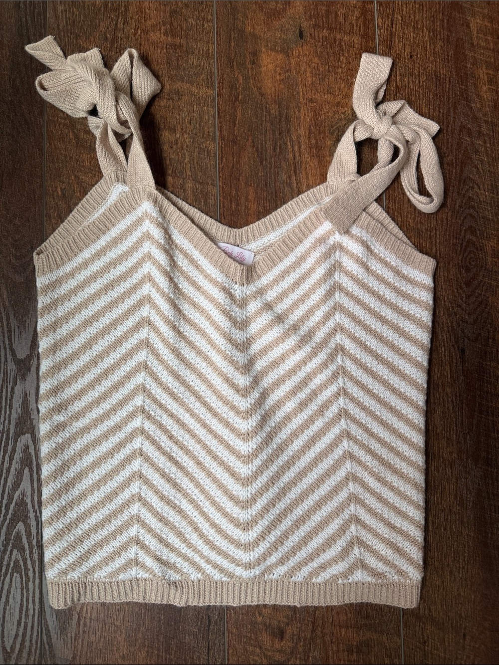 Pink Lily Beige and White Tie-Shoulder Striped Knit Camisole